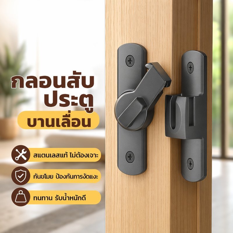 กลอนล็อคประตูบานเลื่อน สลักล็อคประตู แบบไม่ต้องเจาะ กันงัดแงะ สแตนเลส ติดตั้งได้ 90 180 องศา