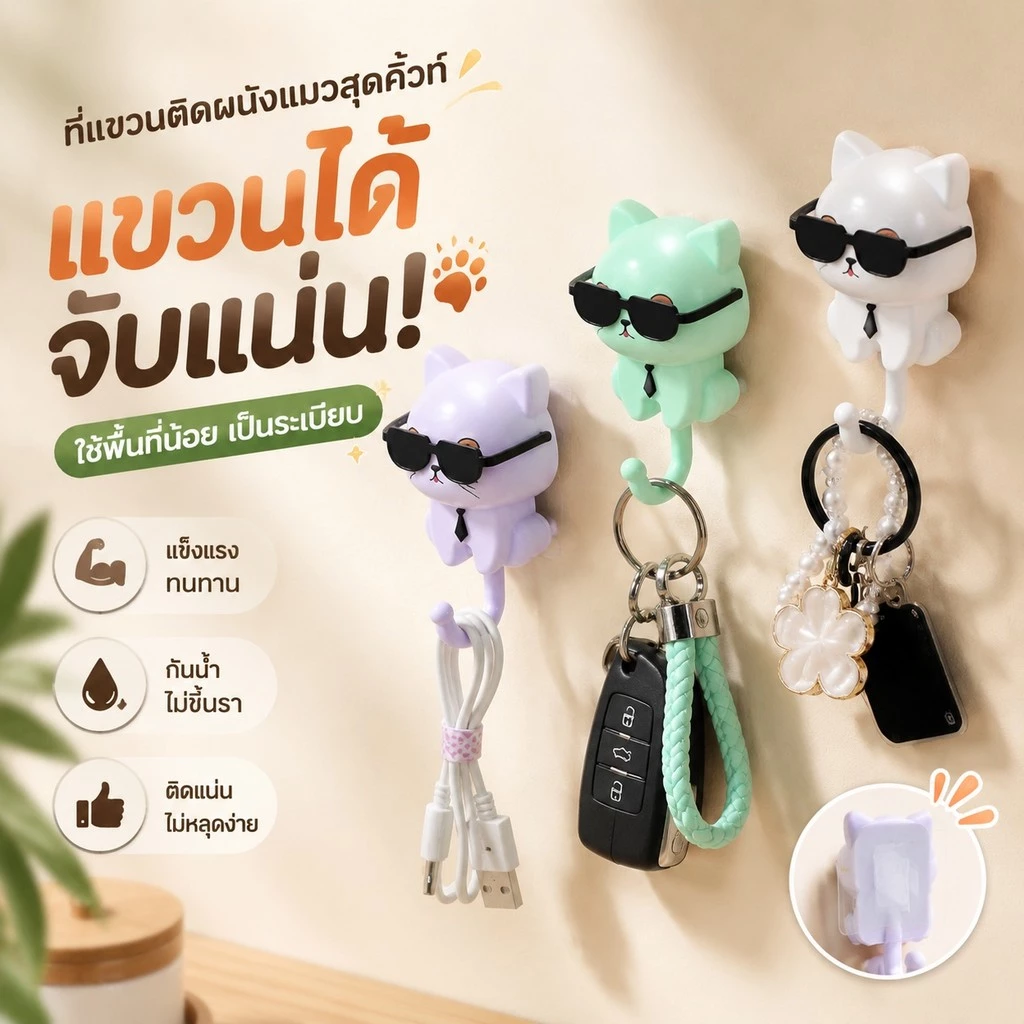 สร้างสรรค์ตกแต่งแขวนผนังตะขอเหนียวครัว,แฟลชนกแว่นกันแดดแมวตะขอ,กันน้ําพลาสติกการ์ตูนแมวตะขอ S00128