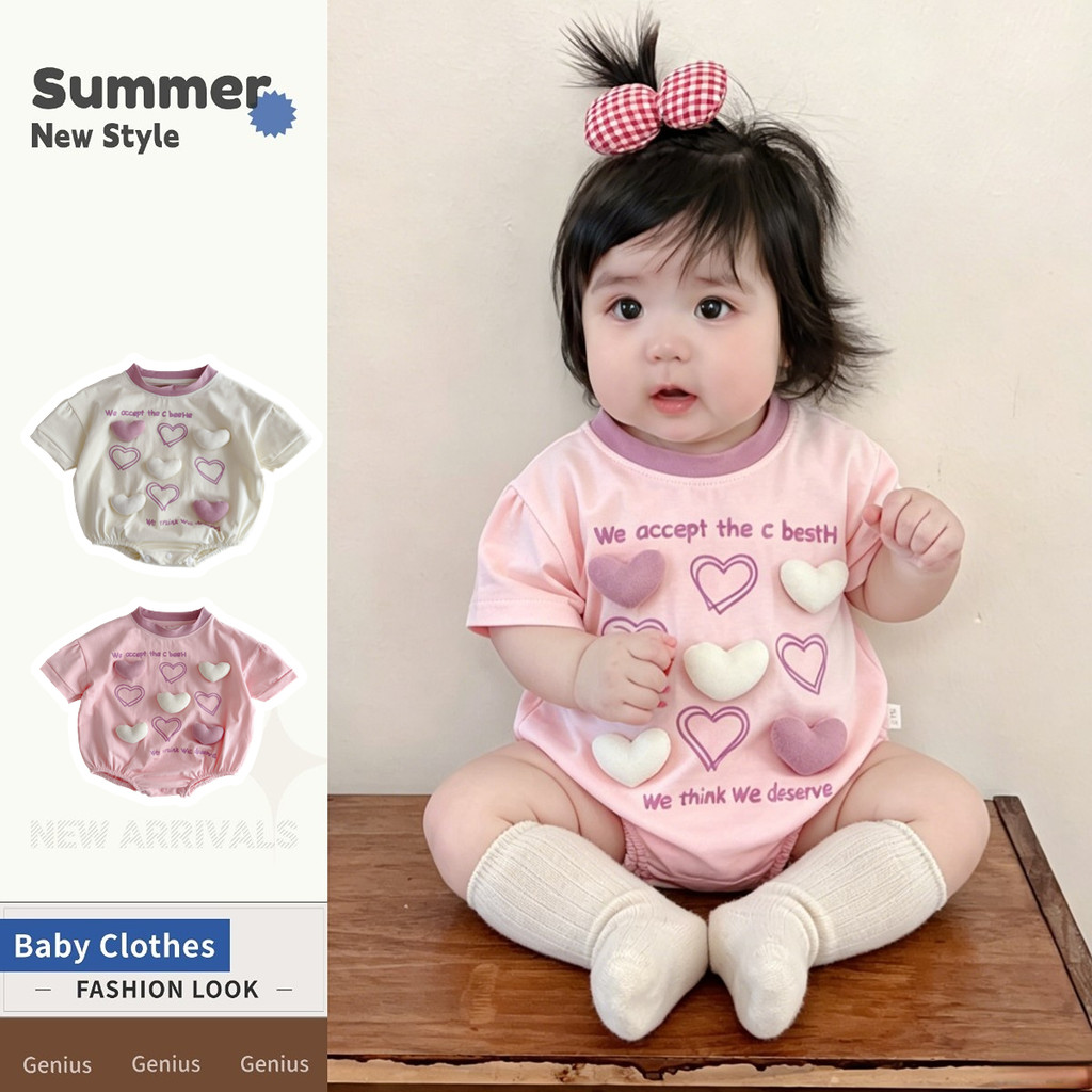 ผ้าฝ้ายแท้ 3D Love แขนสั้น 0-28 เดือนเด็กทารกชุดบอดี้สูทฤดูร้อนเสื้อผ้าใหม่บางแฟชั่น Romper สไตล์ลําลอง