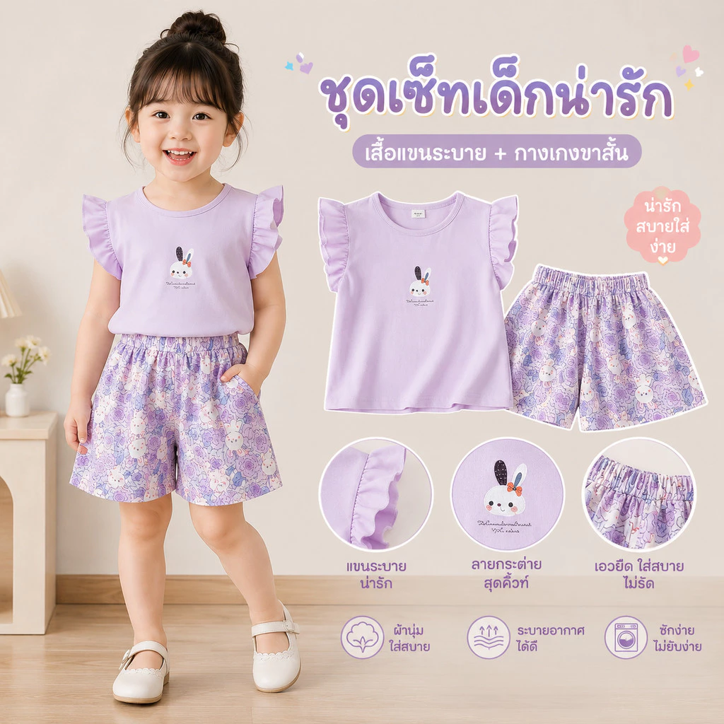 พร้อมส่ง 🎈🎈ชุดเซ็ท เด็กผู้หญิง เสื้อแขนระบาย+กางเกงขาสั้น แฟชั่นสไตล์หวานๆ🎈