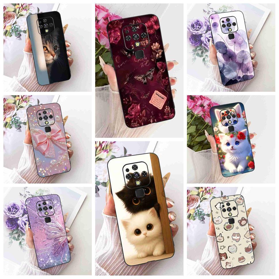 สําหรับ Tecno Camon 16 CE7 CE7j กรณีแมวน่ารักดอกไม้ Soft TPU สีดําสําหรับ Tecno Camon16 CE9h กันกระแ