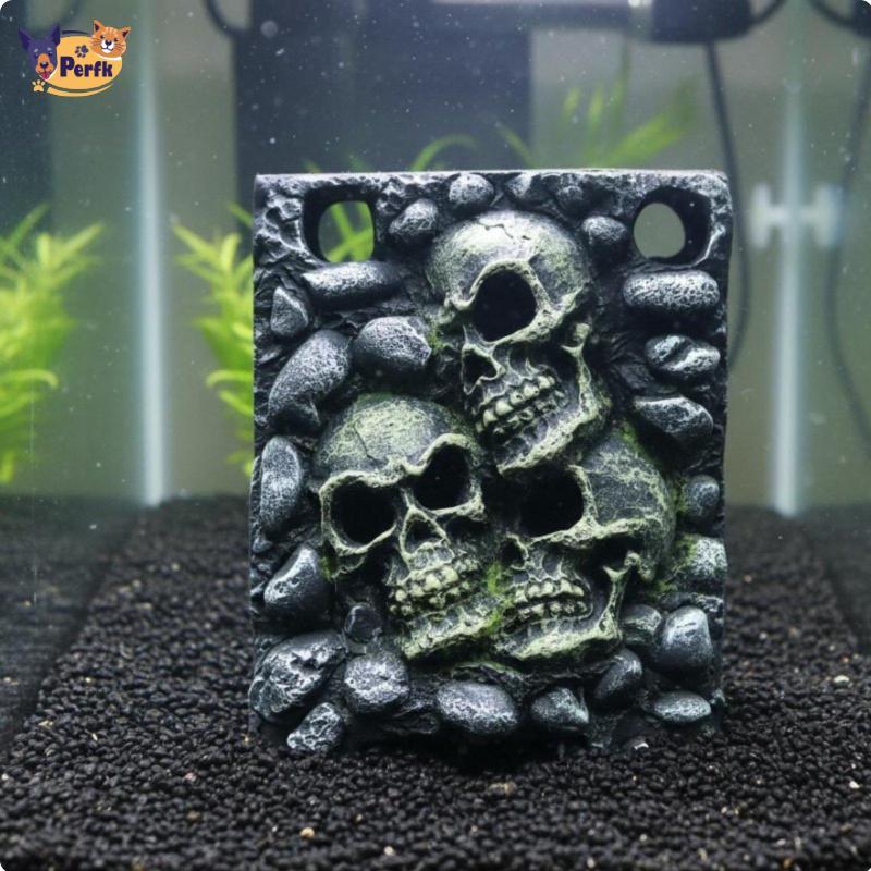 Perfk เรซิ่น Cranium ตกแต่งทําความสะอาดง่าย fishes Tank Cranium Cave Smooth Edges Gothic Aquarium Ca