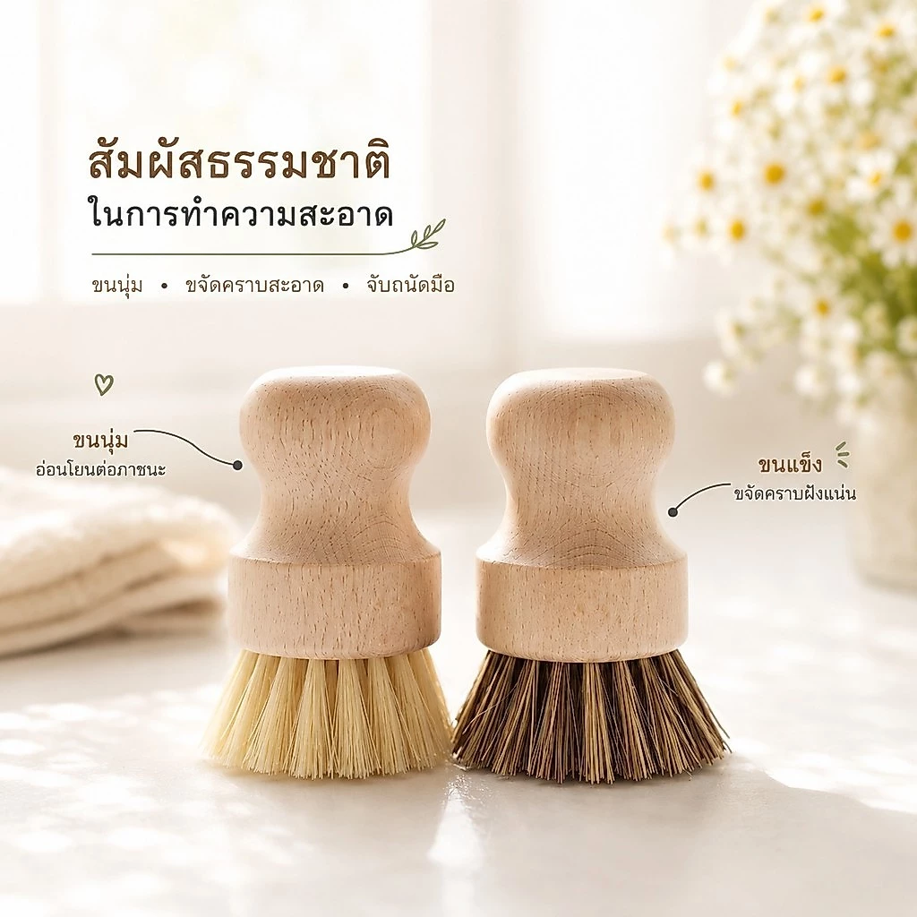 S00052 แปรงทำความสะอาด กระทะ หม้อ ด้ามไม้ ใยขัดทำจากเส้นใยพืช สไตล์มินิมอล