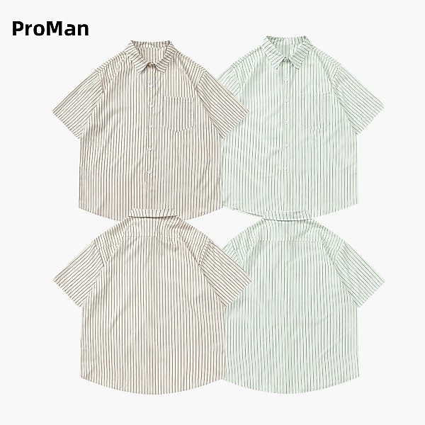 ⚡ProMan⚡เสื้อเชิ้ตลายทางย้อนยุคสไตล์ญี่ปุ่น  เรียบง่าย  เสื้อผ้าผู้ชายแฟชั่น  ปกพับ  ลำลอง  แมทช์ลุคง่าย