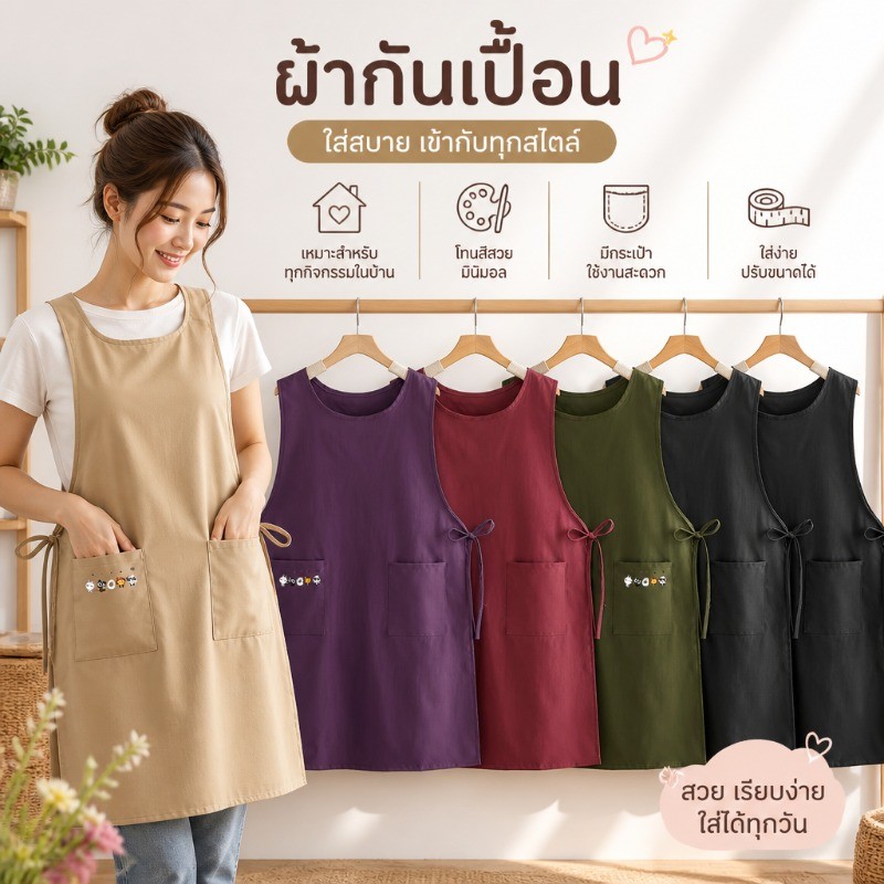 ผ้ากันเปื้อนครัว แบบเสื้อกั๊ก กันน้ำ กันคราบมัน มี2กระเป๋า ปรับสายข้าง เบา ทนทาน ร้านกาแฟ