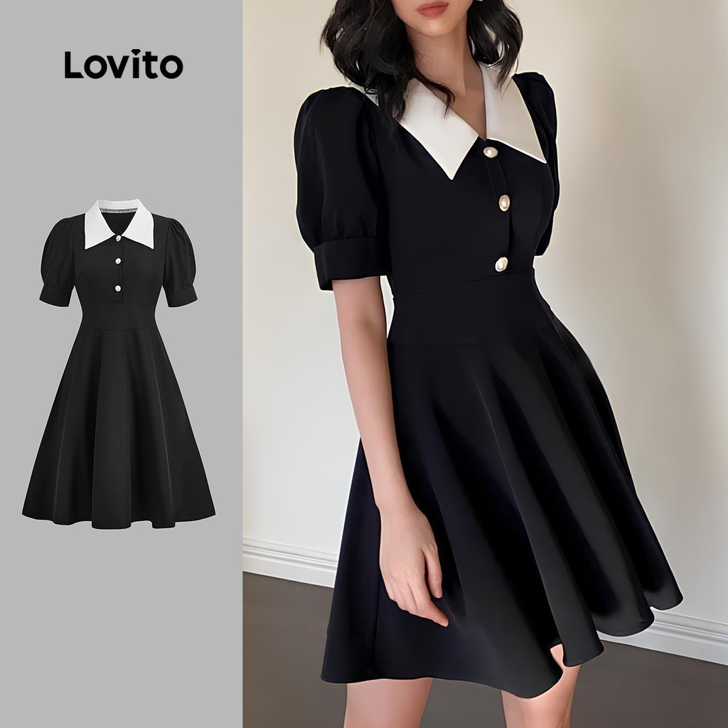 Lovito ชุดเดรสเรียบหรูสีพื้นติดกระดุม เดรสฤดูร้อน/ฤดูใบไม้ผลิสำหรับผู้หญิง L131LD1011