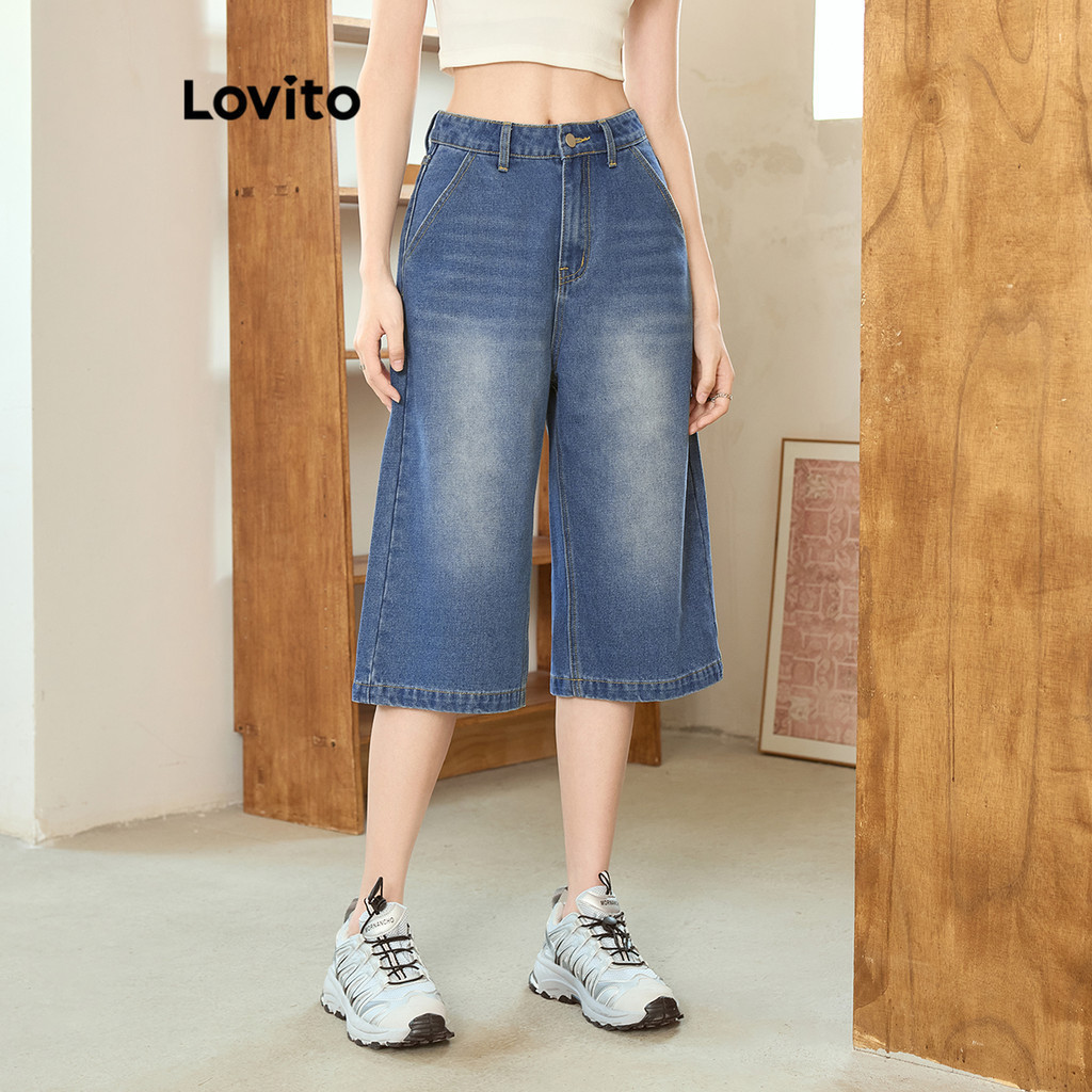 Lovito แคชชวล กางเกงขาสั้นผ้ายีนส์ลําลองปุ่มธรรมดาฤดูร้อน/ฤดูใบไม้ผลิกางเกงขาสั้นผ้ายีนส์สําหรับผู้หญิง L99ED931