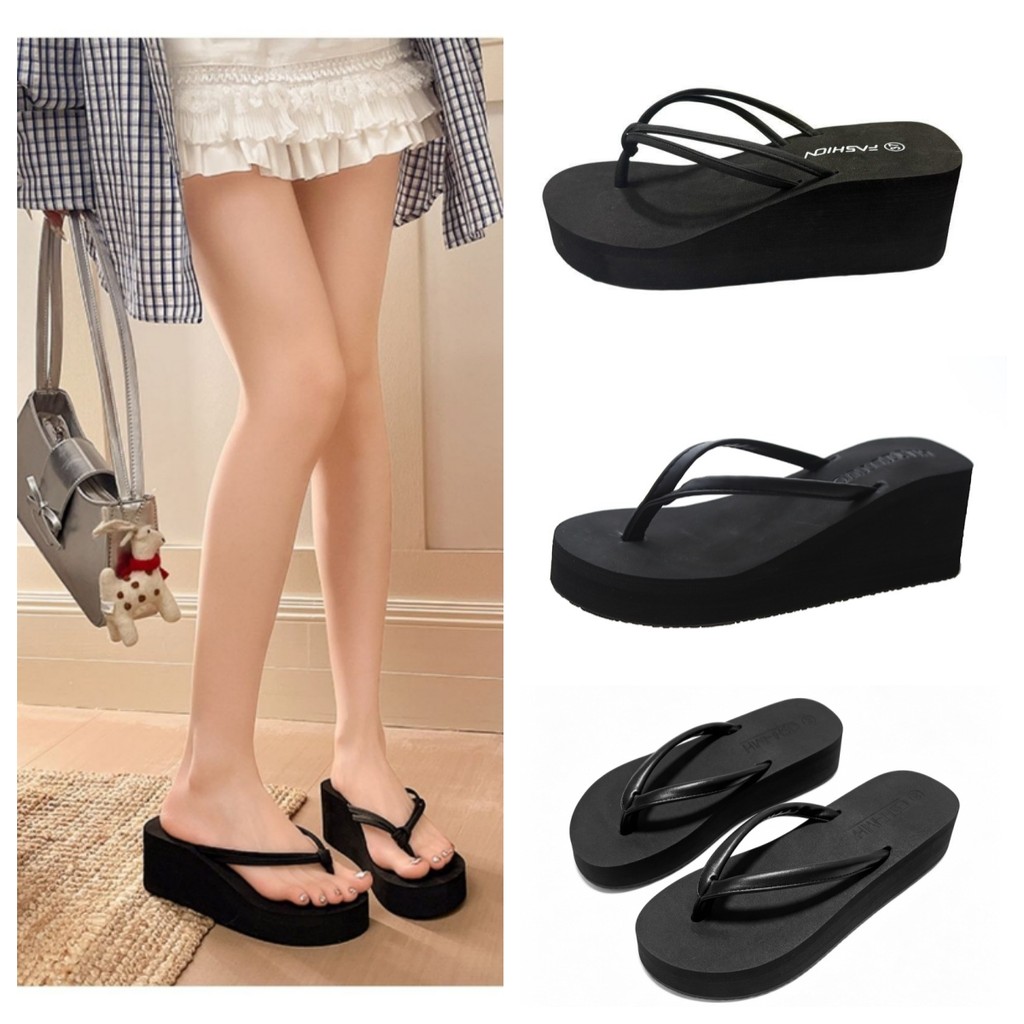 [ส่งจากไทย] 6.5 ซม.สุภาพสตรีรองเท้าส้นสูงคู่ลูกไม้ออกแบบกลางแจ้งหนาSoled Wedge Heel Flip-Flops Casual Platform Flip-Flops (ขนาด 36-40)
