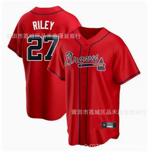 จัดส่งในวันเดียวกัน Braves Atlanta Braves Jersey Men No. 27 Riley ปักชุดเบสบอล Pro