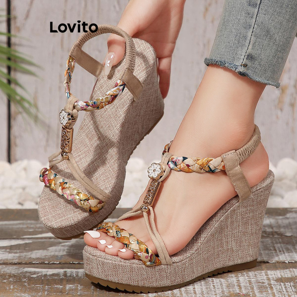 Lovito วันหยุด โบฮีเมียนสีธรรมดาบล็อกผ้าโครงกระดูก Wedge รองเท้าสไตล์ชาติพันธุ์ Wedges สําหรับผู้หญิง LFA65322