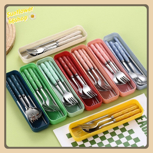 Sunflower66 ชุดช้อนส้อมตะเกียบ พร้อมกล่อง แบบพกพา ช้อนส้อมสแตนเลส สีสันสดใส พร้อมส่ง🍴💚