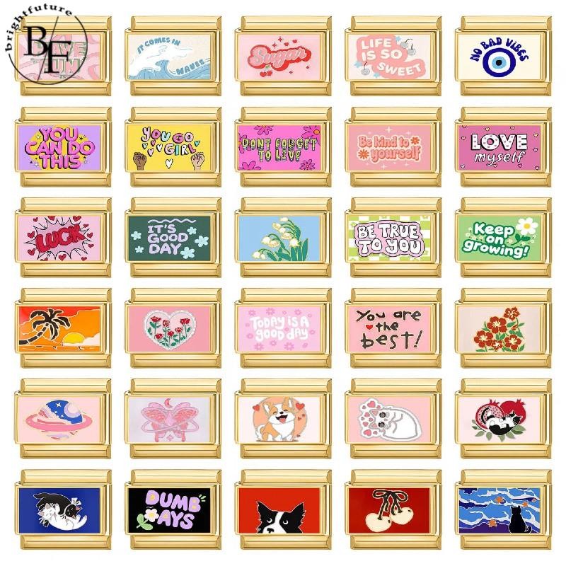 สร้อยข้อมือ charm fit 9 มม. สแตนเลส พิมพ์ลายภาษาอังกฤษและดอกไม้สไตล์อิตาเลียน