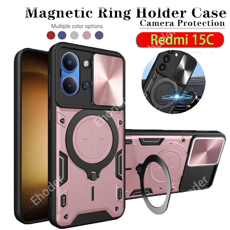 สไลด์เลนส์ปกป้องปลอกสําหรับRedmi 15C 4G 5G 2025 เคสโทรศัพท์ผู้ถือรถแม่เหล็กเกราะกันชนปกแข็งสําหรับPO