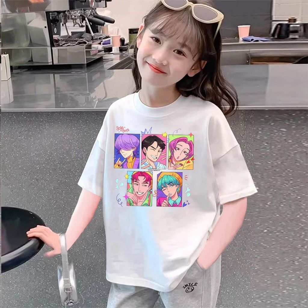 (จัดส่งตลอด 24 ชั่วโมง)พร้อมส่ง  เสื้อยืดแขนสั้นเด็ก Kpop Demon Hunters ลายพิมพ์ เสื้อยืด cotton 100 ใส่สบาย คอกลม J178