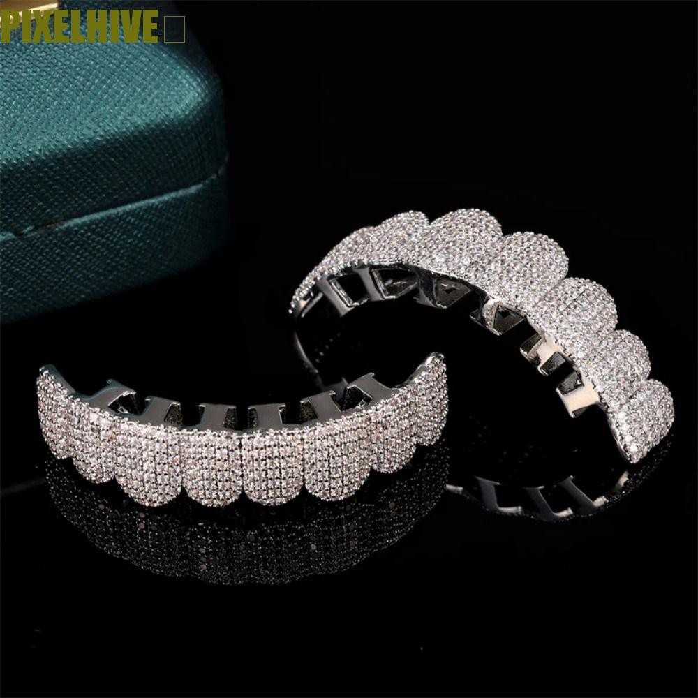 PIXELHIVE​ Hiphop ฟัน Grillz, Rhinestone Hip Hop ฟัน Grillz ชุด, Punk เครื่องประดับ Zircon Top & Bot