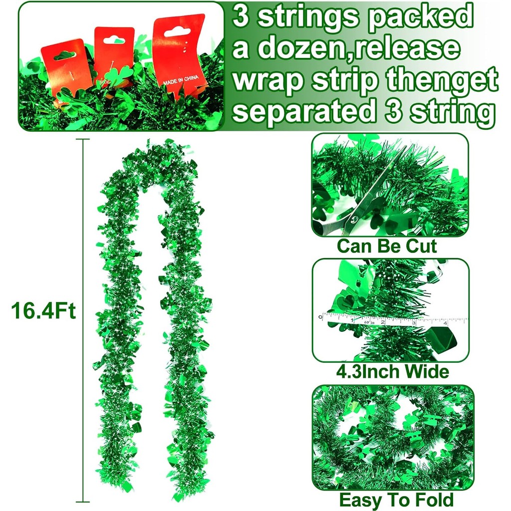 TURNMEON 3 แพ็ครวม 49.2 Ft St.Patricks Day Tinsel Garlands ตกแต่ง DIY Shamrocks พวงหรีดสําหรับประตูห