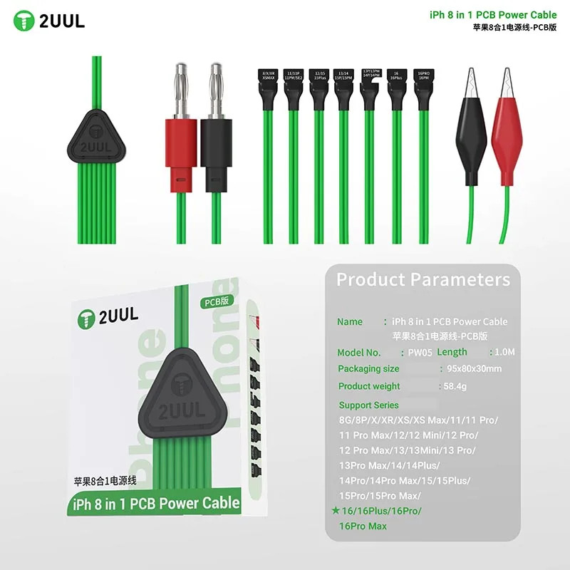 2UUL PW05 8-in-1 PCB สายไฟสําหรับ iPhone 8-16 PRO MAX โรงงานเดิม 7 ประเภทเชื่อมต่อ 1 คู่คลิปจระเข้