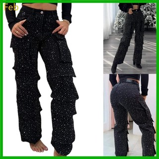 Calças Jeans Cintura Flexível Fev Elegantes Strass Embelezados Pernas Largas