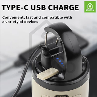 โคมไฟตั้งแคมป์USB chargeable, พับเก็บได้ 6โหมดแสงและบรรยากาศ พร้อมสายพกพาและตะขอสำหรับการใช้งานกลางแจ้ง