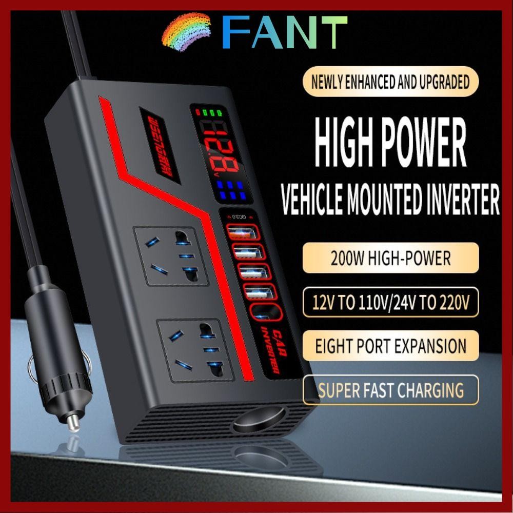 FANT อินเวอร์เตอร์ในรถยนต์, DC 12V/24V ถึง 220V Universal Power Adapter, QC 3.0 USB/Type C Charger จอแสดงผลดิจิตอล 200W High Power Car Converter Socket
