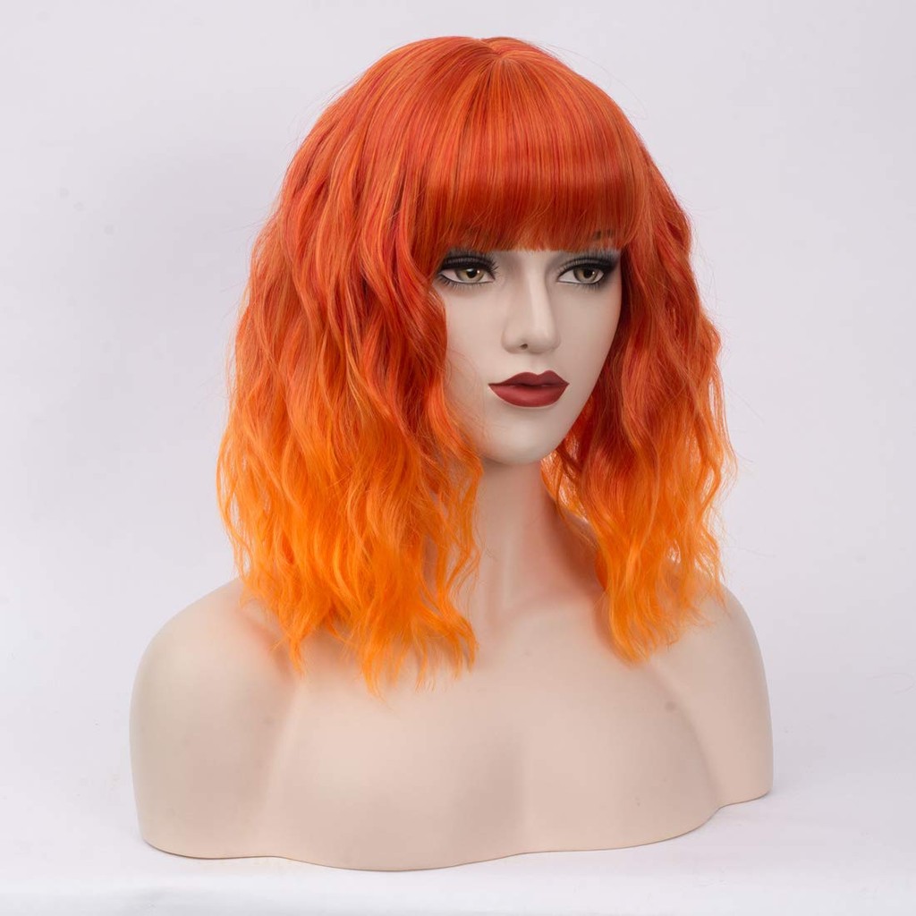 BUFASHION 14 "ผู้หญิงสั้นหยัก Curly วิกผม Ombre สีส้ม Bob วิกผมคอสเพลย์ฮาโลวีนวิกผมสังเคราะห์ Neat B