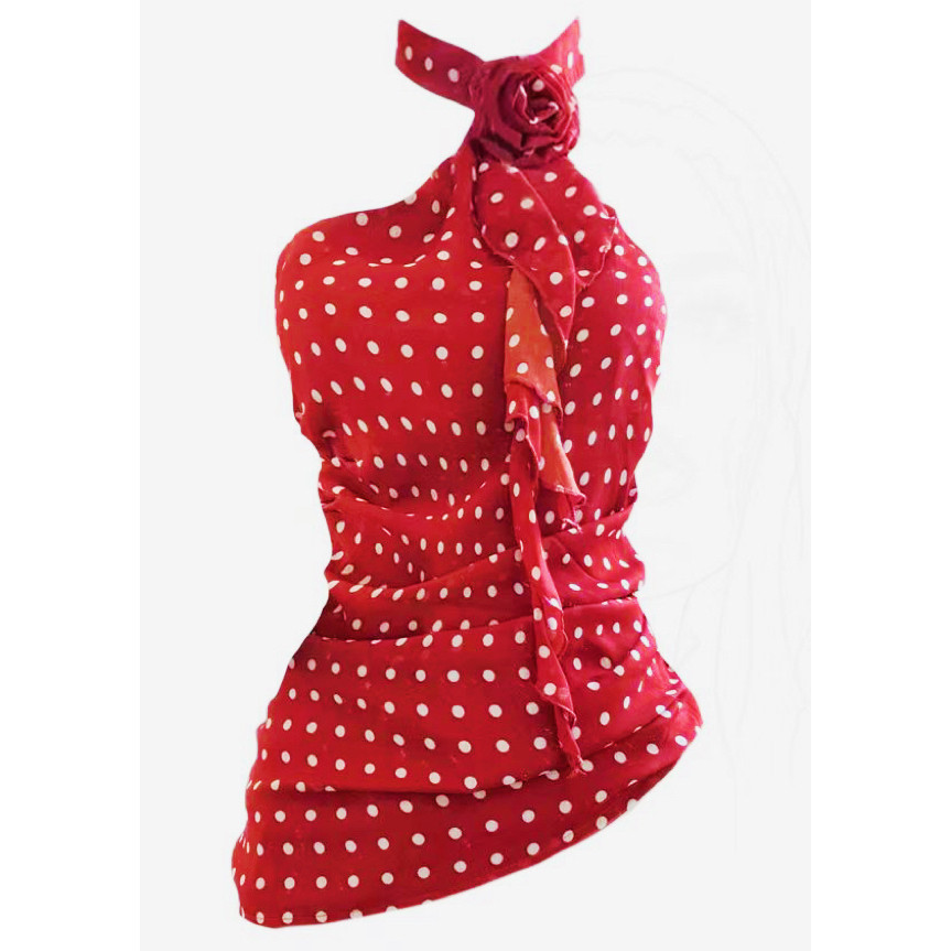 iPinkพร้อมส่ง🌷เสื้อคล้องคอผู้หญิง แต่งดอกไม้ลายโพกาดอท สีแดงสดใส่ สาวฮอต ชุดไปคาเเสื้อครอปทรางรัดรูป เรียบหรู เปิดหลัง - รูปที่ 7