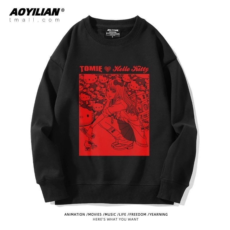 Junji Ito x Sanrio Hello Kitty & Fujiang เสื้อสเวตเตอร์คอกลมแขนยาวสำหรับผู้ชาย