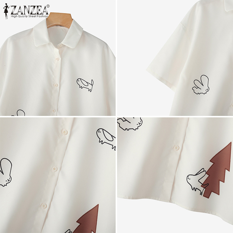 ZANZEA ซานเซีย เสื้อเชิ๊ตแขนสั้นผู้หญิง สไตล์เกาหลี ลายพิมพ์สนุกๆ ใส่ได้ทุกวัน ราคา ถูกที่สุด ดีลบีเคเค แกลเลอรีภาพที่ 9