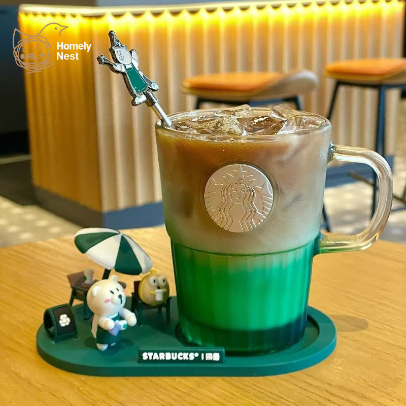 Starbucks Cup ชุดแก้วสีบรอนซ์สีเขียวไล่ระดับ - ถ้วยกาแฟความงาม 400 มล. พร้อมที่รองแก้วซิลิโคนและผสมแท่งกวนเครื่องแก้วที่ทันสมัยสําหรับชานมไข่มุกไอเดียของขวัญกาแฟเย็น