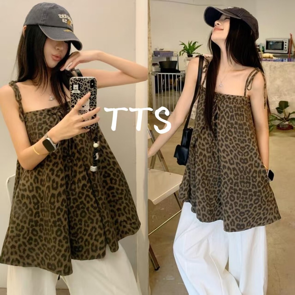 TTS【พร้อมส่ง】เสื้อสายเดี่ยวลายเสือดาว สายผูกปม คอกลม ทรงหลวมพลิ้ว สไตล์แซ่บคูล ผ้าสบายระบายอากาศ