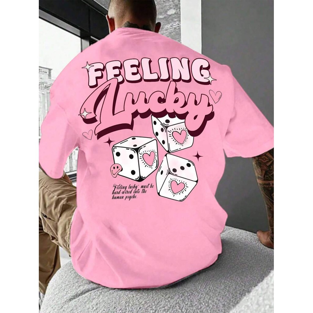 Manfinity Hypemode Men Dice & Slogan Graphic Tee For Summer, Funny Tees, Light Pink Graphic Tees