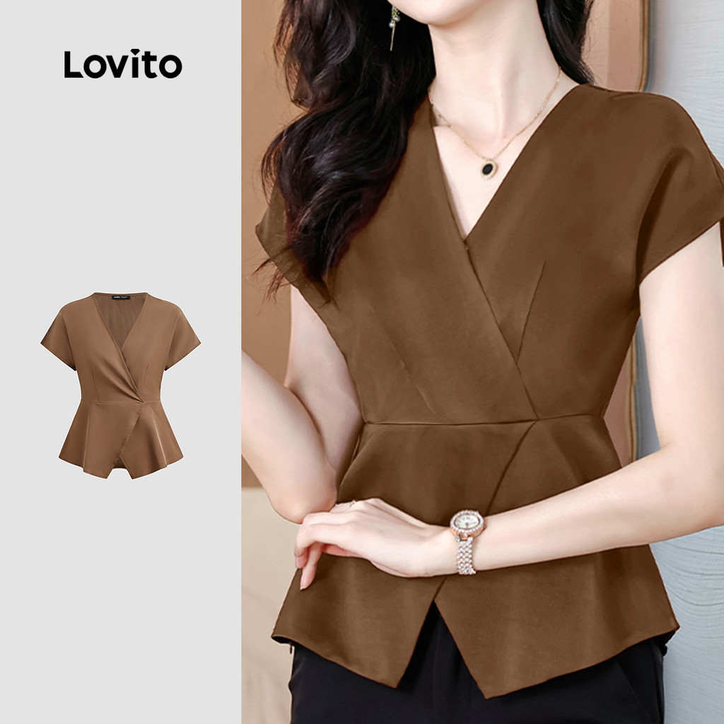(NEW) Lovito เสื้อคลุมสายเดี่ยวดีไซน์หรู รุ่นสองชั้น สำหรับฤดูใบไม้ผลิ/ฤดูร้อน สีน้ำตาล สำหรับผู้หญิ