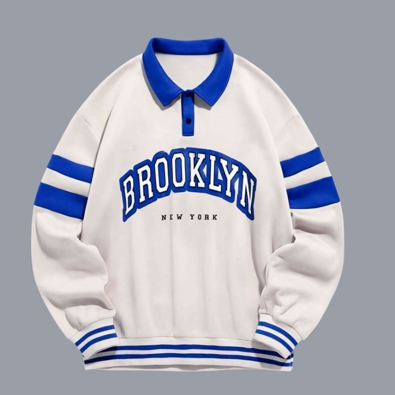 ( S - 6XL ) - เสื้อสเวตเตอร์คอปกโปโลขนาดใหญ่ ( S - 6XL ) BROOKLYN NEW YORK NY Crewneck Mix Two Tone 