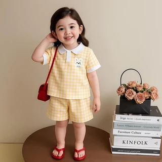 DOlemi Baby ชุดเสื้อ เสื้อแขนสั้น+ กางเกงขาสั้น ชุดเซตน่ารัก ลายสก็อต สไตล์เกาหลี ใหม่ สำหรับเด็กหญิง