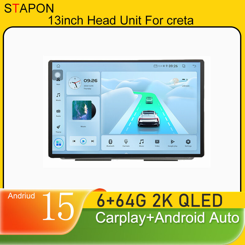 STAPON 13 นิ้ว 6+64GB สําหรับ hyundai-creta android15 2k 1920x1200p หน้าจอ carplay android auto 2.5D
