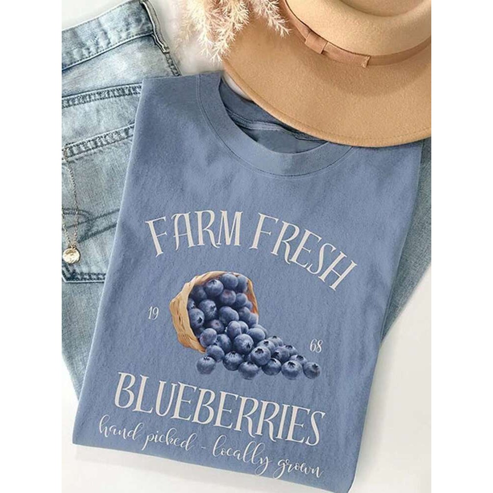 COD Women Letter & Blueberry Print Round Neck Short Sleeve Casua LWEC