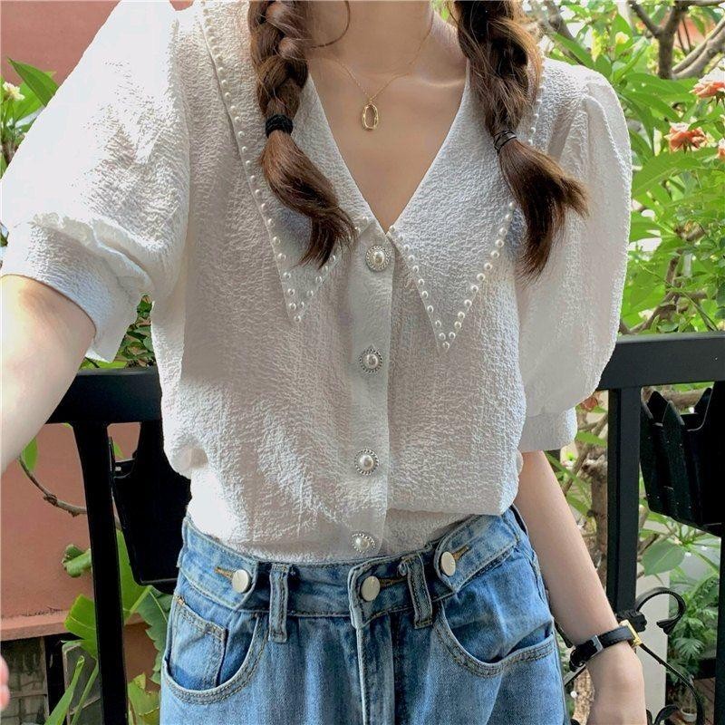 Dahong W654 เสื้อเชิ้ตแขนสั้นผู้หญิง คอตุ๊กตา ผ้าชีฟอง สไตล์ฝรั่งเศส เรโทร สําหรับอาชีพอย่างเป็นทางการเหมาะสําหรับการสอ