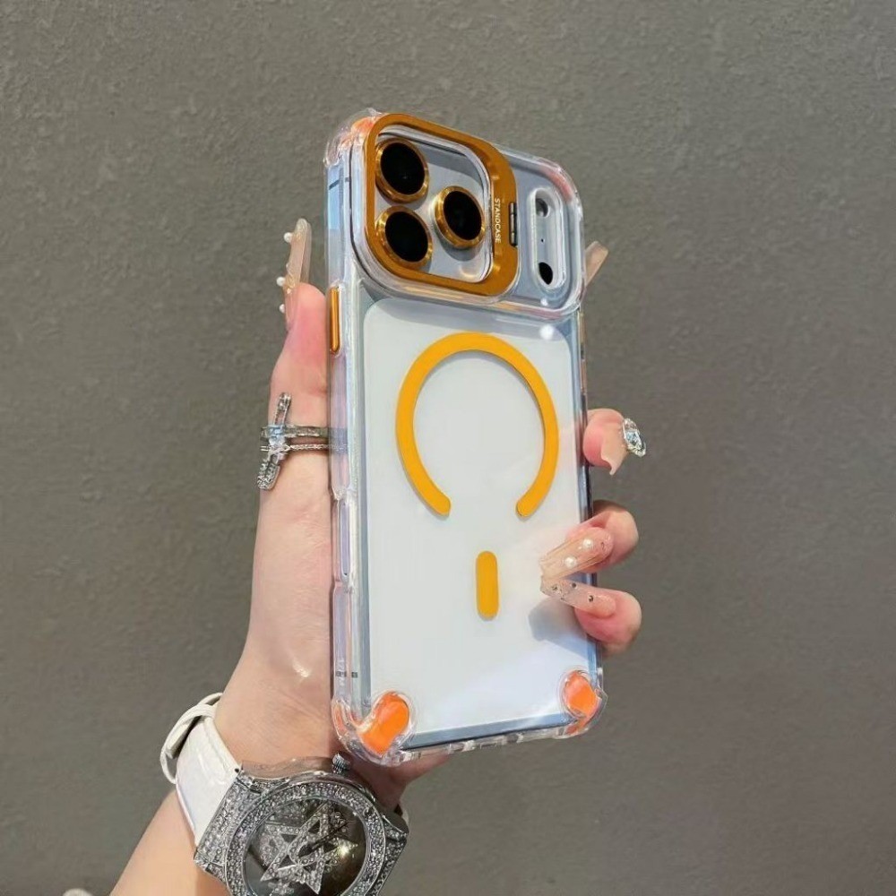สี่มุม Anti Drop Cosmic สีส้มแม่เหล็กเคสโทรศัพท์สําหรับ iPhone 17 16 11 12 13 14 15 Pro Max Plus 17Air พร้อมเลนส์ป้องกัน Flim ขาตั้งโลหะโปร่งใสกันกระแทกปลอก