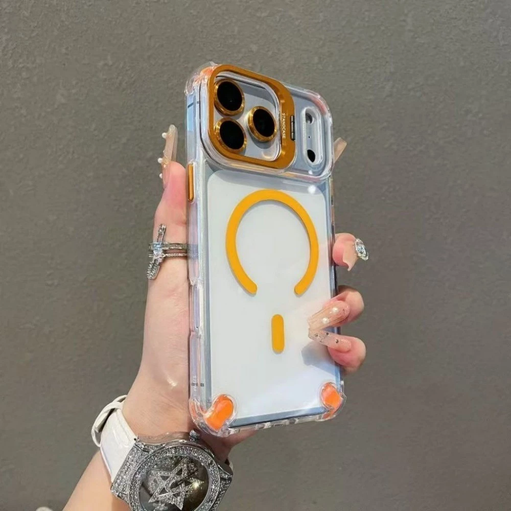 สี่มุม Anti Drop Cosmic สีส้มแม่เหล็กเคสโทรศัพท์สําหรับ iPhone 17 16 11 12 13 14 15 Pro Max Plus 17Air พร้อมเลนส์ป้องกัน Flim ขาตั้งโลหะโปร่งใสกันกระแทกปลอก