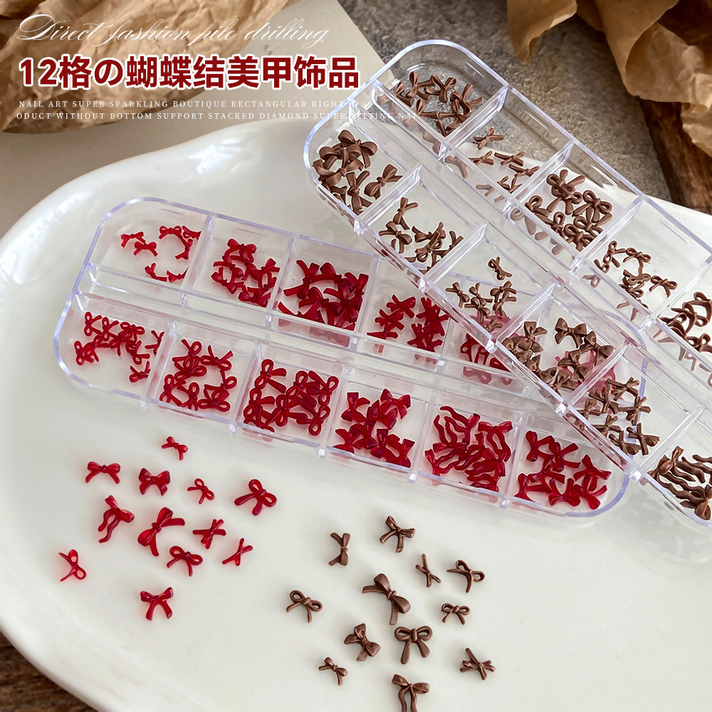 12 ตาราง Bowknot อุปกรณ์แต่งเล็บ Xiaohongshu ขายร้อนฤดูใบไม้ร่วงฤดูหนาว Melade Bow Tie ผสมไวน์แดงอุปกรณ์แต่งเล็บ