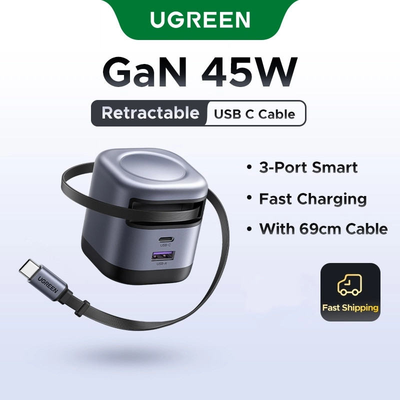 UGREEN เครื่องชาร์จ GaN 45W พร้อมสาย USB C แบบยืดหดได้ 75 ซม. สําหรับโทรศัพท์
