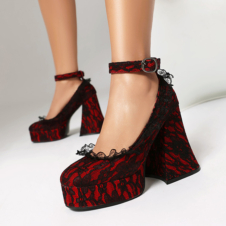 MTH35-43 ขนาดขนาดใหญ่ฤดูใบไม้ผลิฤดูใบไม้ร่วงสไตล์ใหม่หนารองเท้าส้นสูงหนาSoledสายคล้องคอสีดําสีแดงลูก