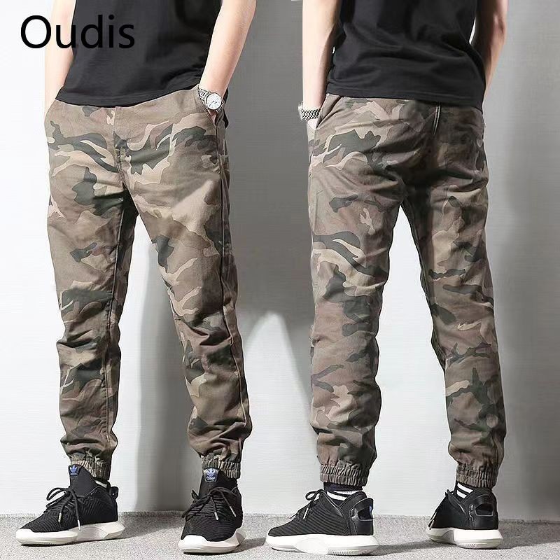 Jogger กางเกงผู ้ ชายเอวยางยืด Camouflage Cargo กางเกงล ้ างสวมใส ่ กางเกงสีดํา M-5XL