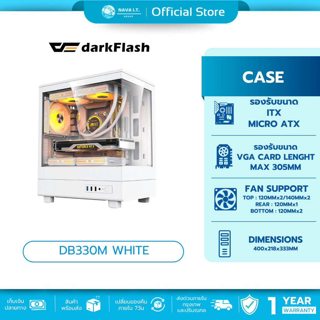 🛵มีส่งด่วน💨 CASE (เคส) DARKFLASH DB330M WHITE PANORAMIC M-ATX/ITX (1AIR12S ARGB FAN) รับประกัน 1 ปี