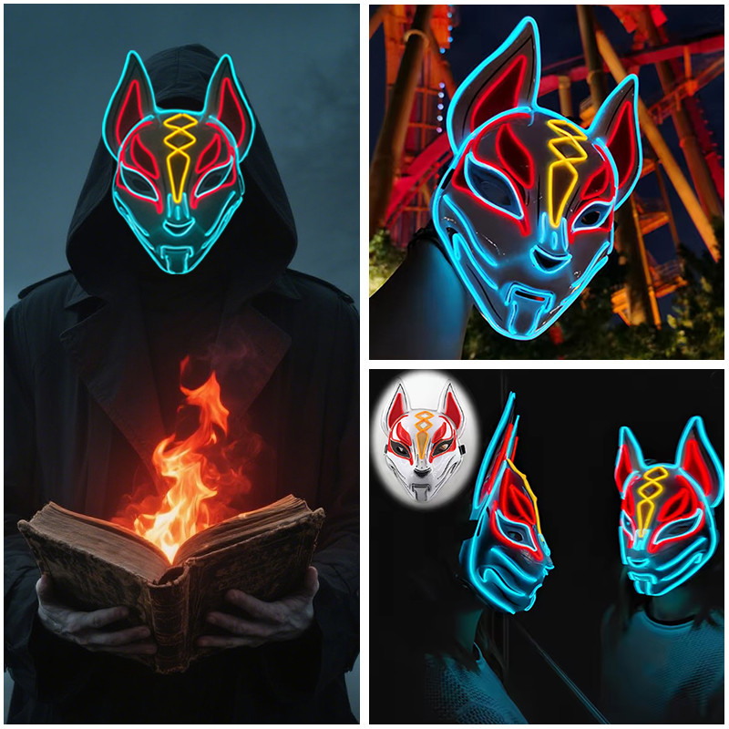 Cool ฮาโลวีน Light Up หน้ากากสัตว์ LED เรืองแสงคอสเพลย์ Fox หน้ากาก Rave Party Neon Luminous Face Mask Perform เครื่องแต่งกายอุปกรณ์