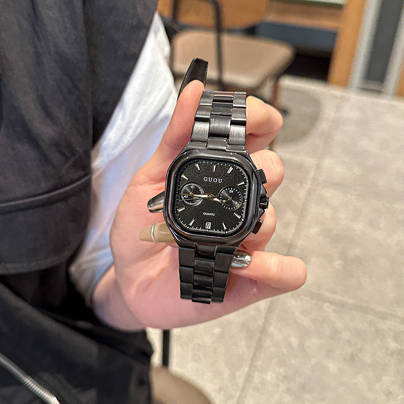 古欧GUOU直播时尚帅气方形简约石英表带日历钢带气质手表日常休闲