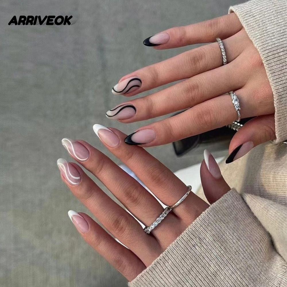 ARRIVEOK 24 ชิ้นเล็บปลอมแต่งเล็บปลอม Nials Simple Wavy Nail Tips French