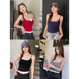 💖Bonnie💖เสื้อสายเดี่ยวแต่งสองชั้น น่ารักๆ มีฟองน้ำ เข้ารูป เ…