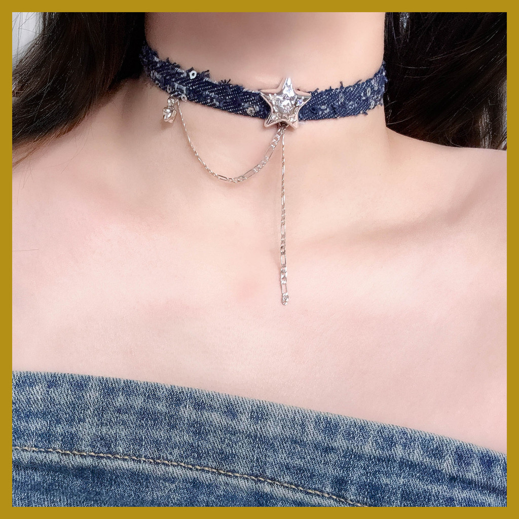 choker ลายเดนิมและดาว สร้อยคล้องกระดูกไหปลาร้า สไตล์สำหรับผู้หญิง