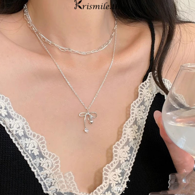 COD-ในไทย💖สร้อยคอสองชั้นโบวหัวใจ ประดับเพทาย สไตล์เกาหลีหวานแฟชั่นเครื่องประดับสำหรับผู้หญิง ของขวัญ